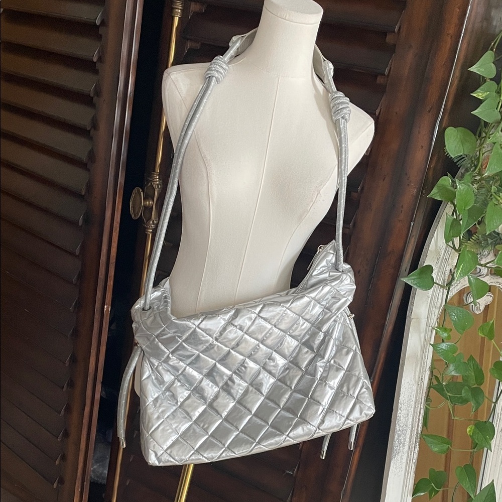 Haute Shore Adjustable Quilted Metallic Silver Shoulder Crossbody Bag